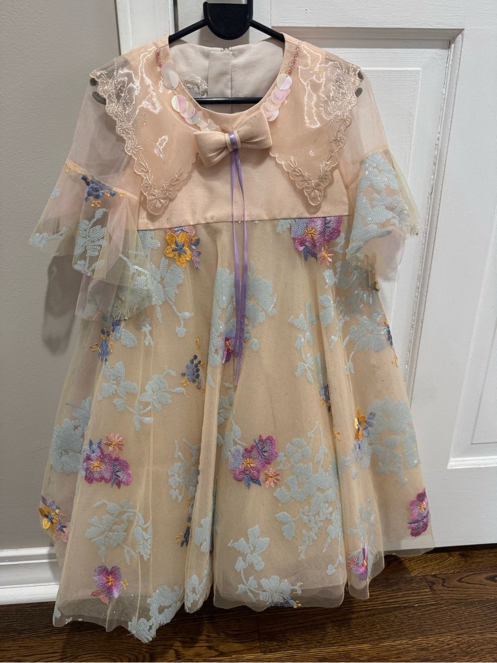 Junana Girls' Peach Floral Tulle Party Dress with Bow Accent NWOT